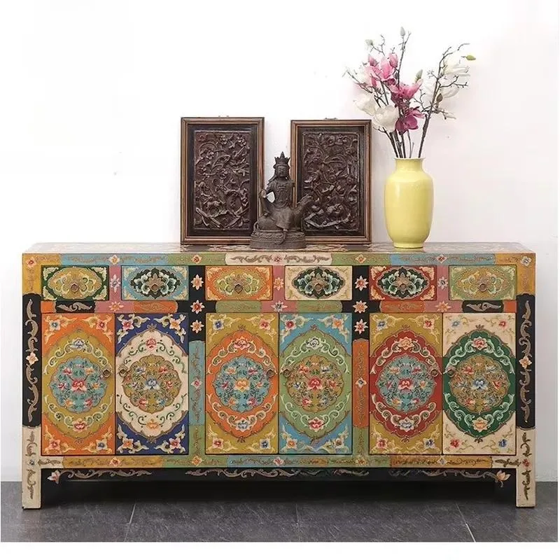 Antique Tibetan Hand Painted Solid Wood Locker Eco Friendly Durable Multi Functional Storage Cabinet for Home Organization