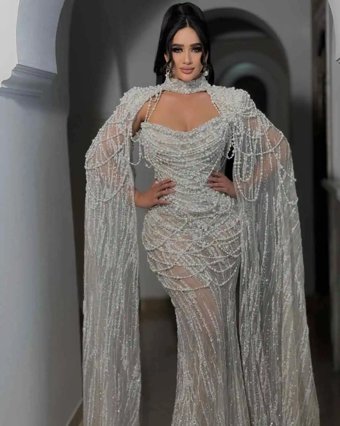 Splendidi abiti da sposa a sirena con giacca senza spalline Perle Paillettes Abito da sposa Abito da sposa sexy lungo fino al pavimento Personalizzato