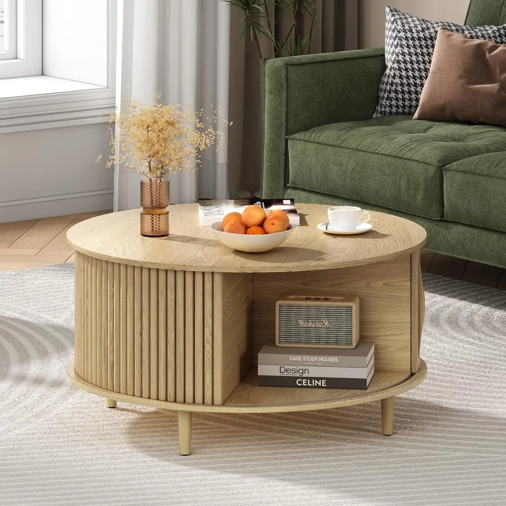 Compact Storage Coffee Table with Sliding Door, 31.5 Diameter, Ideal for Small Living Rooms, Home Decor, Space-Saving Center Tab