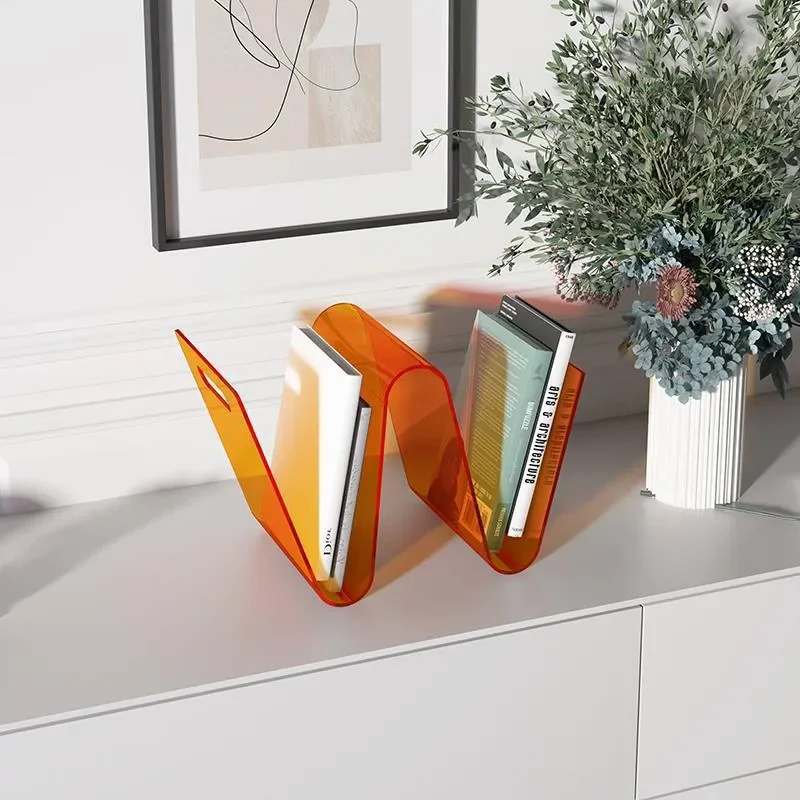Nordic W Shaped Acrylic Bookshelf Creative Magazine Rack Modern Desktop Storage Organizer Clear Display Stand for Living Room
