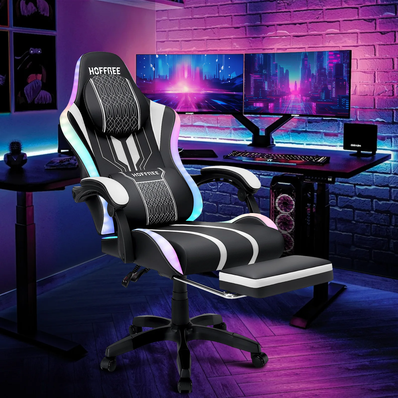 Gaming Chair Bluetooth Speaker Office Chair Ergonomic LED Lights Massage Adjustable Height Armrests Headrest Lumbar Support