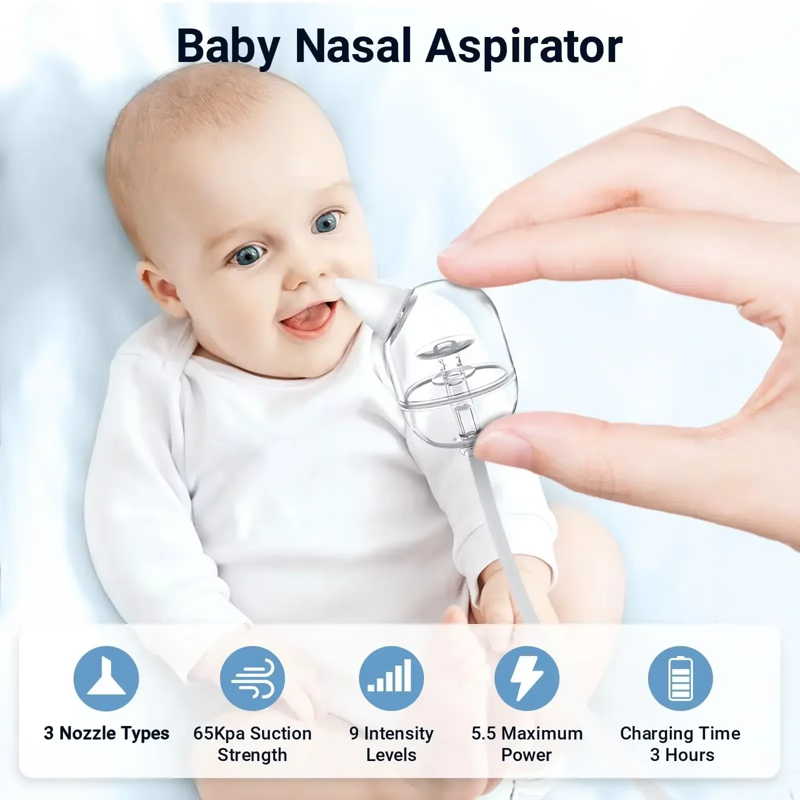 Aspirator hidung bayi pembersih hidung yang dapat disesuaikan dengan musik & lampu malam bawaan pengisap bot hidung isi ulang untuk Infa