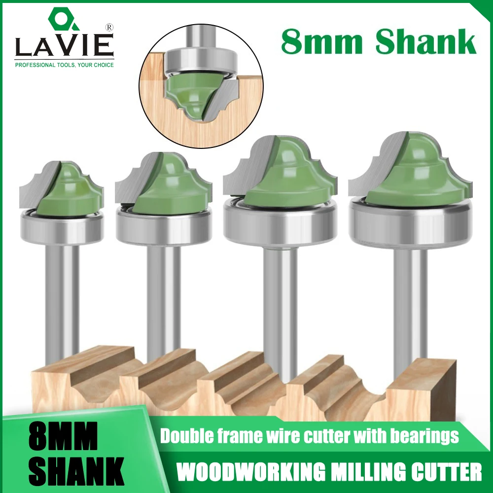 LAVIE 1pc 8mm Shank Bearing Shank Double Roman Edging Router Bit Milling Cutter for Wood Line Knife Hobbing Woodworking Tools