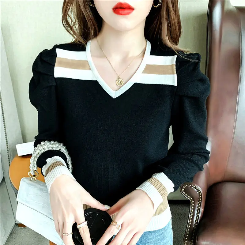 Fashion V-Neck Spliced Knitted Puff Sleeve Blouses Women\'s Clothing 2023 Autumn Winter New Loose Casual Tops All-match Shirts