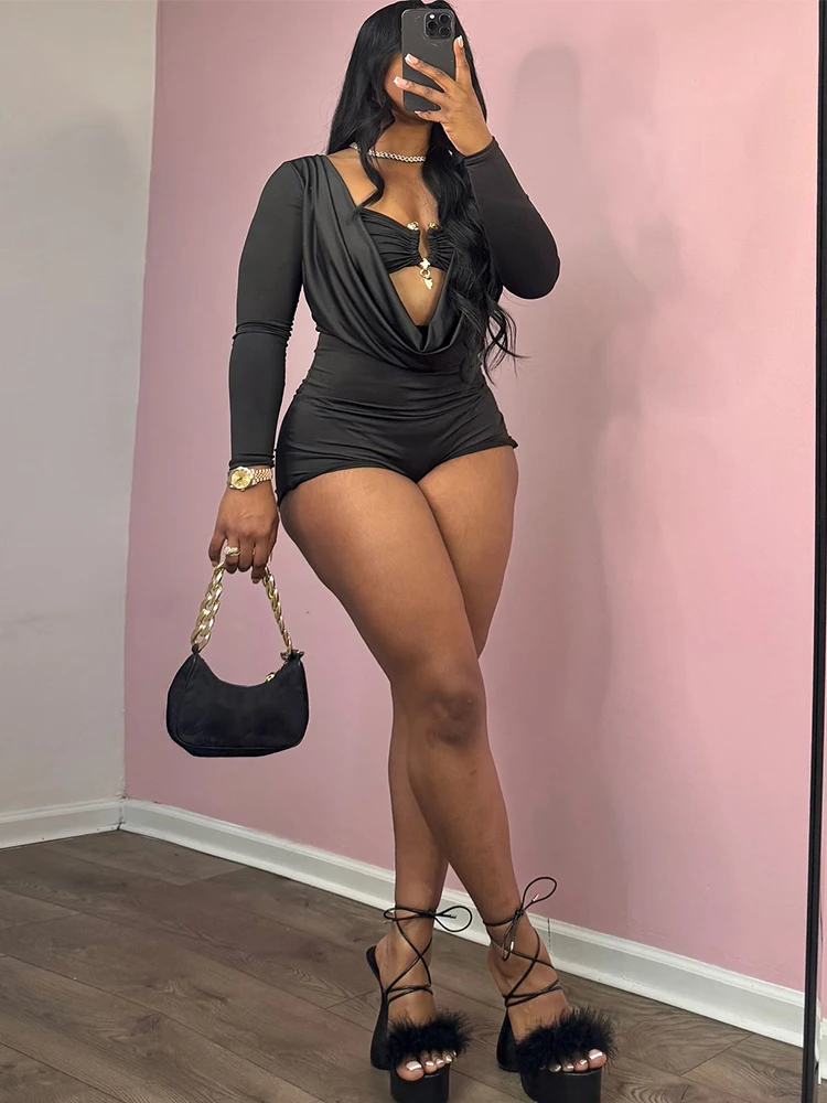 Sisterlinda Playsuits mit schwingendem Ausschnitt für Damen, einfarbig, mit Metalleinsatz, Ausschnitt, volle Ärmel, Stretch, sexy, schmal geschnitten, schick, trendige Clubwear – Detail 25