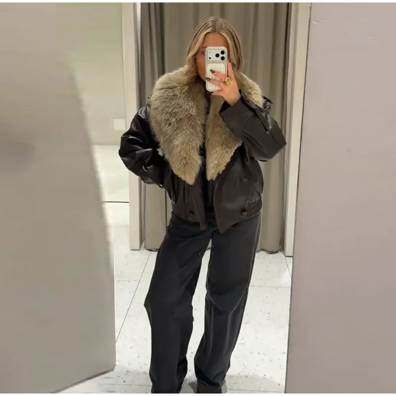 Elegant PU Fur Patchwork Jacket Women Loose Detachable Collar Lapel Double Breasted Jackets Female Fashion Winter Warm Outwear