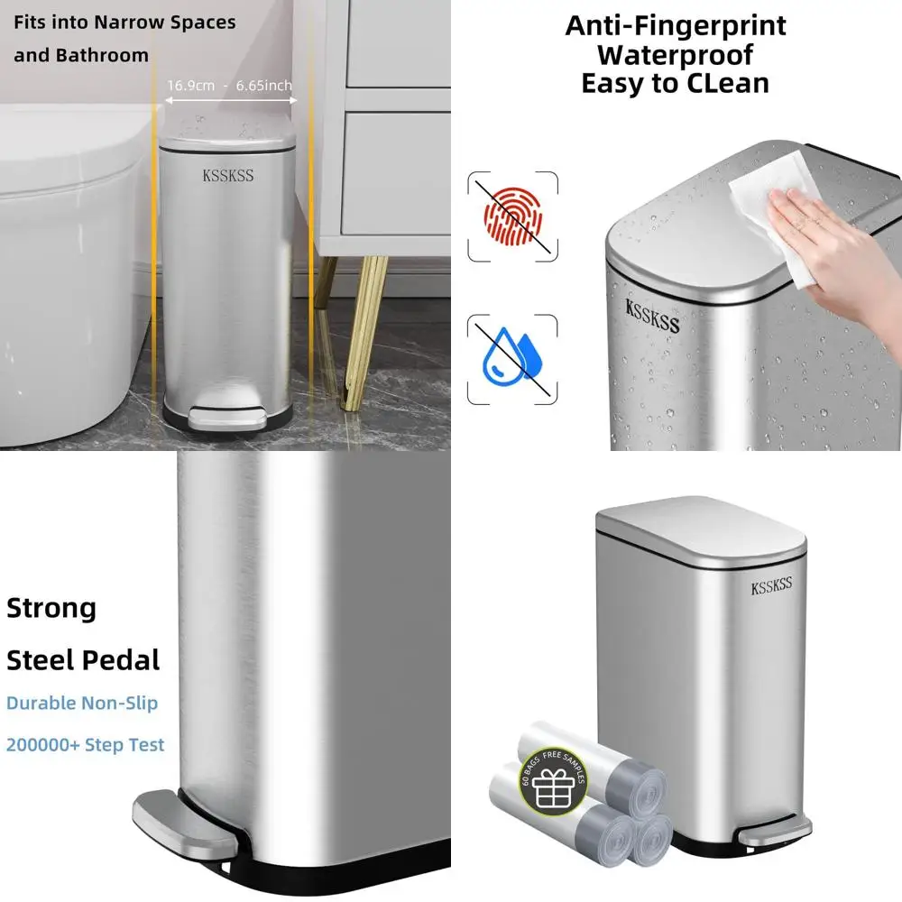 

10L Slim Stainless Steel Bathroom Trash Bin with Soft-Close Lid and Removable Liner for Compact Spaces