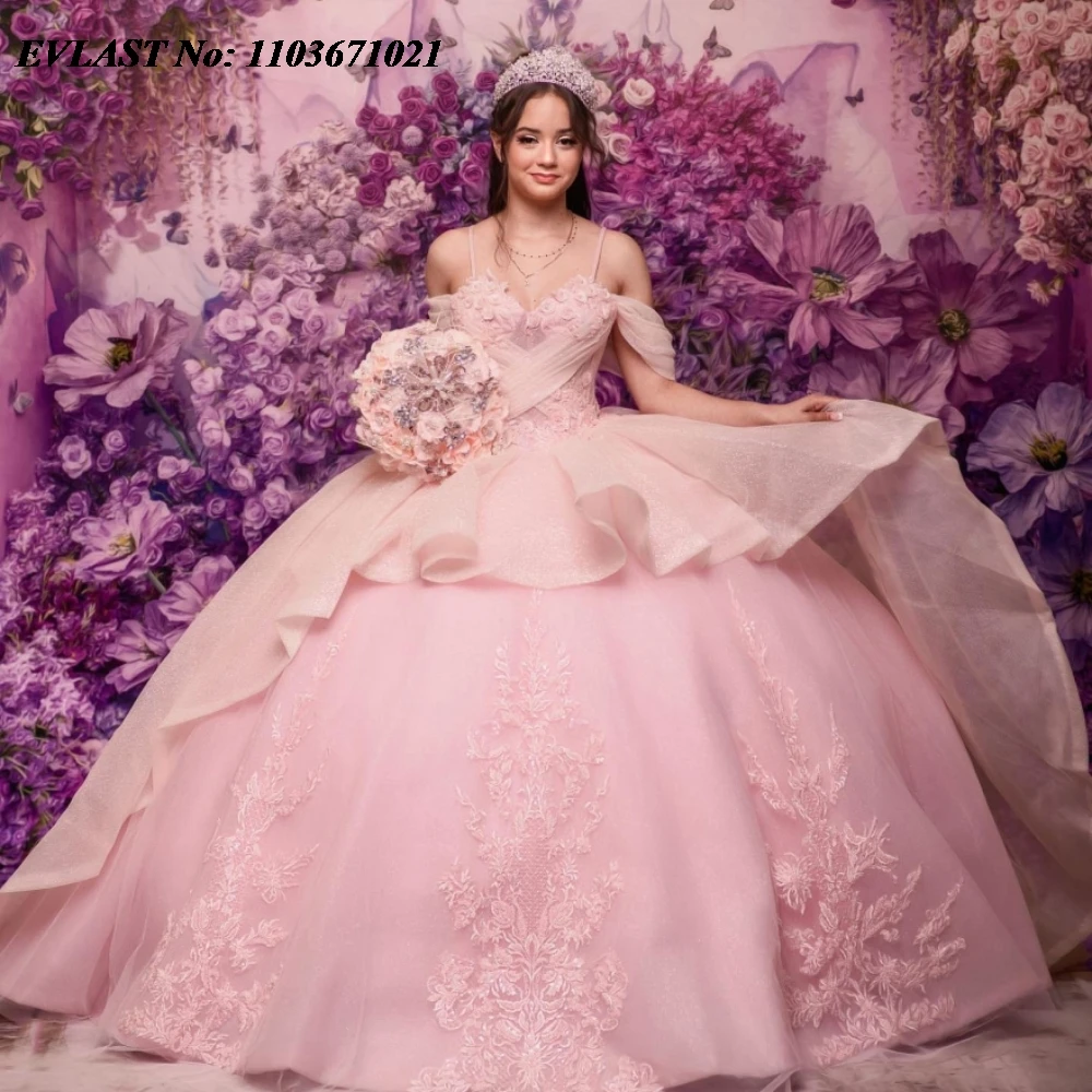 Evlast Prinses Roze Quinnceanera Jurk Baljurk Kanten Applique Kralen Diamant Gelaagd Korset Sweet 16 Vestidos De 15 Anos Sq509