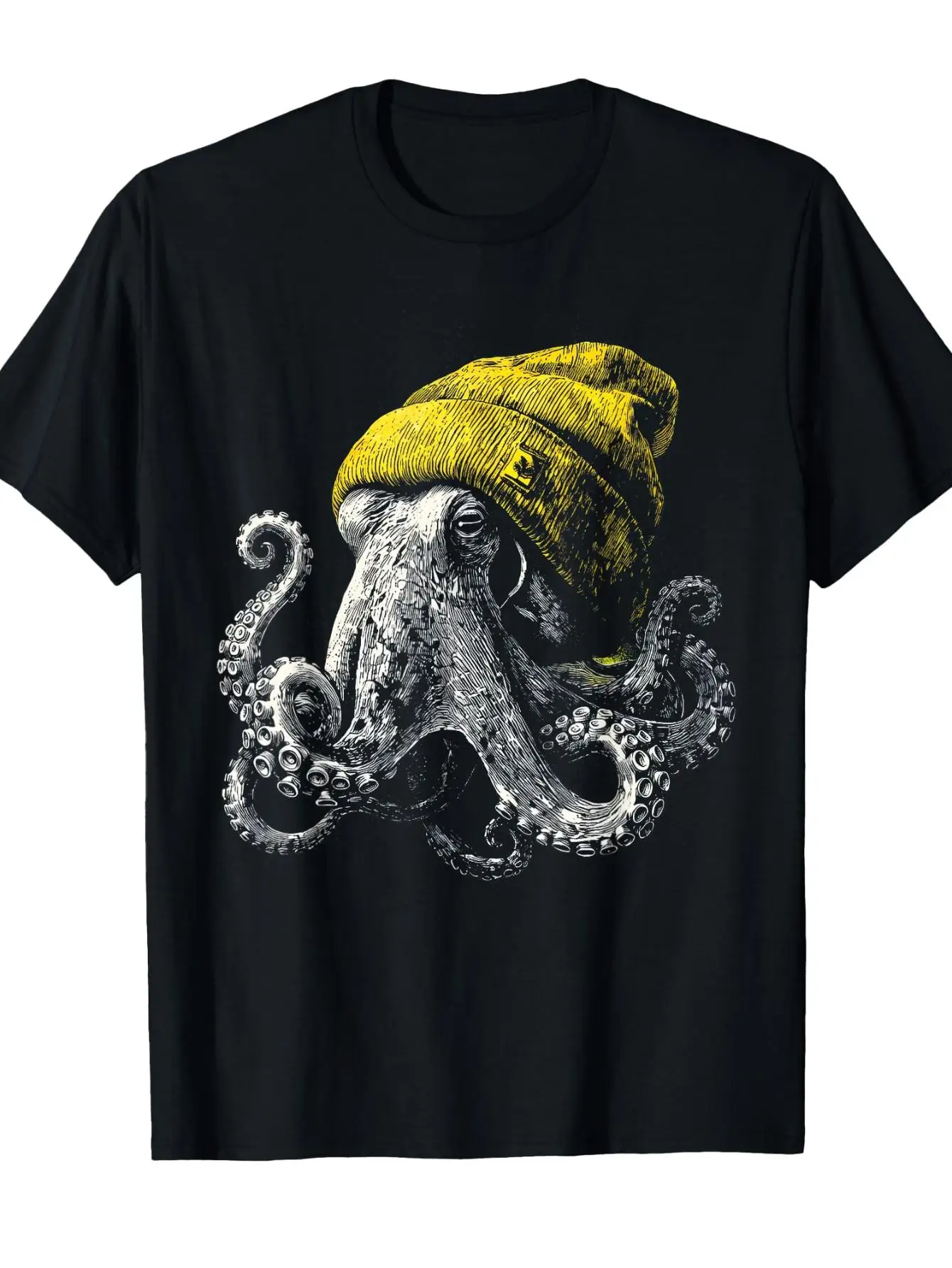 Octopus Wearing A Beanie Cute Marine Animal Art T-Shirt All-Season Black Casual Crew Neck T Shirt