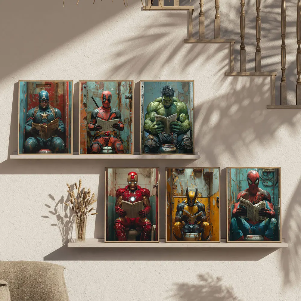 Funny Superhero on the Toilet With a Newspaper Canvas Painting Print Retro Bathroom Toilet Art Poster Modern Wall Home Decor