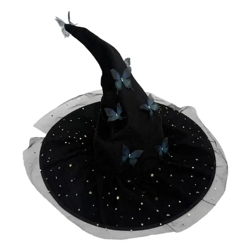 652F قبعة ساحرة الهالوين مجعدة قابلة للانحناء مع زي تزيين الفراشة