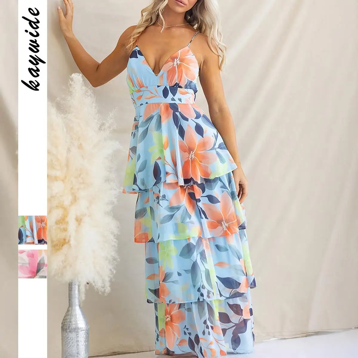 カジュアルな花柄プリント レディース サマー スプリング オフショルダー ストラップ ハイウエスト Aラインスカート クロスボーダーブランド