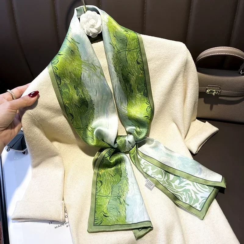 Silk Scarf Green National Style Mulberry Silk Ribbon for Women Spring and Autumn with Double Layer Silk Scarf 150*15cm Scarf