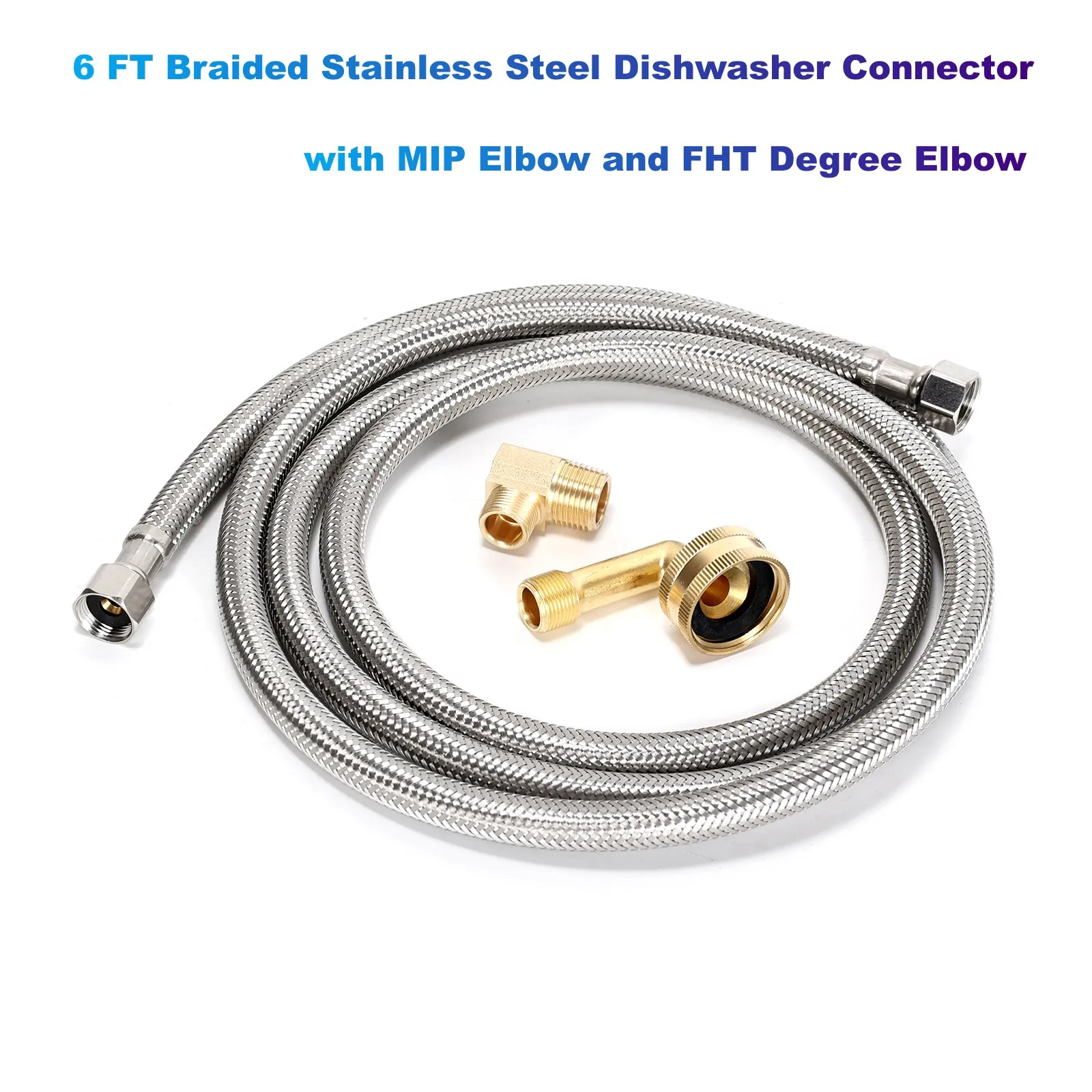 

72 inches(6 FT) Braided Stainless Steel Dishwasher Connector,with MIP Elbow and FHT Degree Elbow,Dishwasher Installation Kit