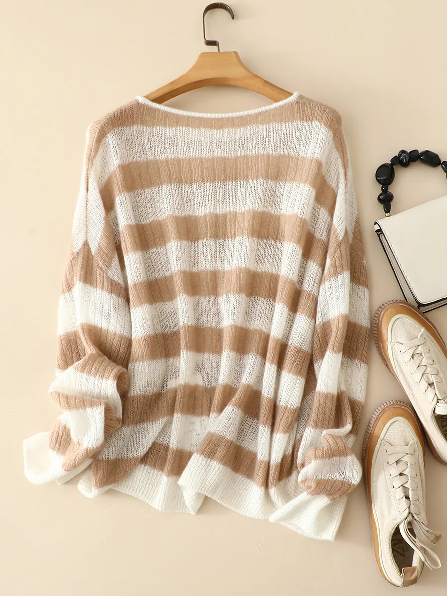 lightweight casual everyday wear 100% cashmere striped sweaters women