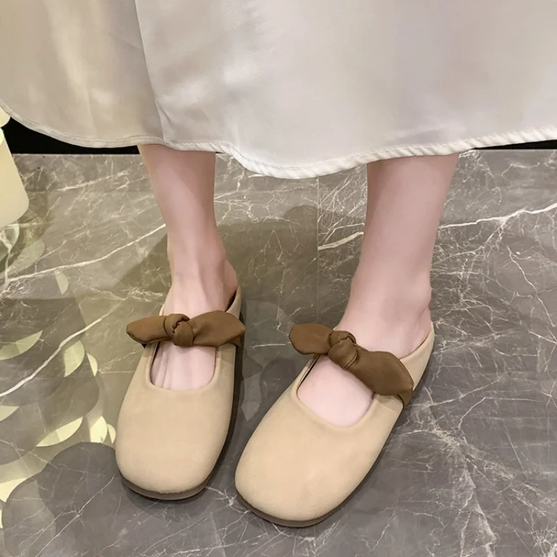 Fashion Bowknot Pearl Flat Bottom Baotou Half Slippers Women New 2024 Summer Shallow Mouth Mary Jane Single Shoes Casual Slides