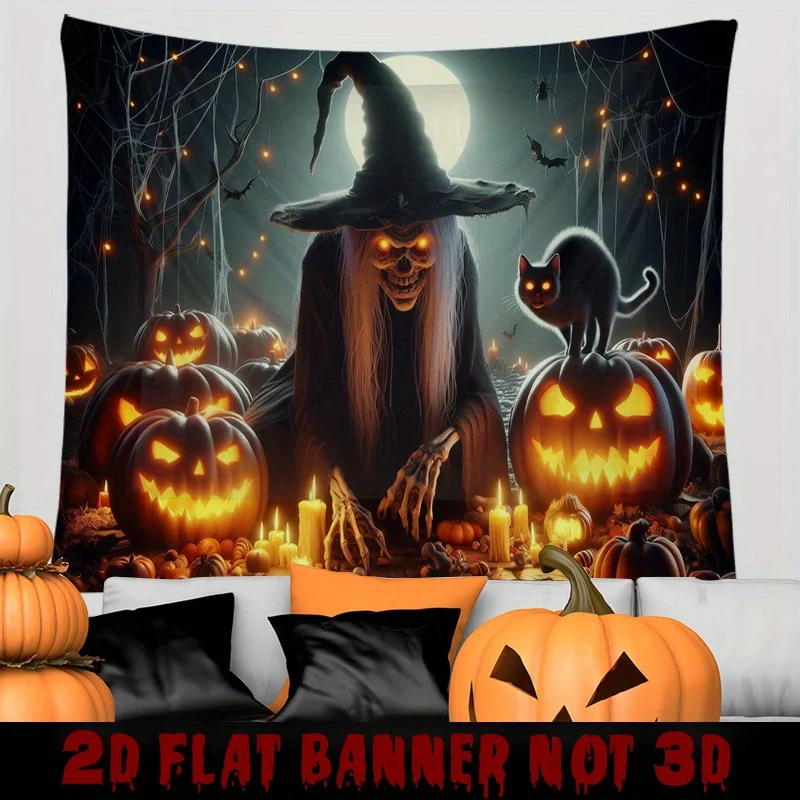 Spooky Halloween Tapestry - Skeleton Witch with Moon Background, Perfect for Haunted House Party and Halloween Decor