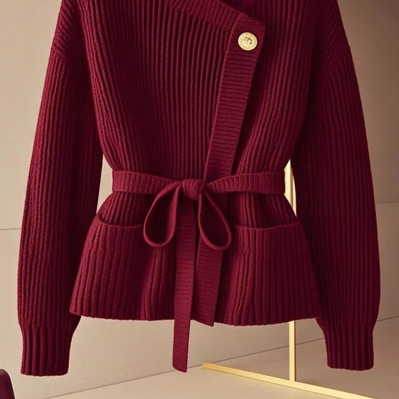 Luxury Red Knitted Sweater Women Autumn Winter Knitted Cardigan Slim Coat High-end Tops Belt French Jacket Design Chic Outerwear