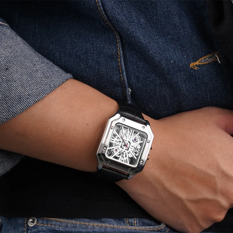 UTHAI L56 relógio masculino, não mecânico, relógio quadrado oco, impermeável, totalmente automático, moda masculina, relógios de quartzo