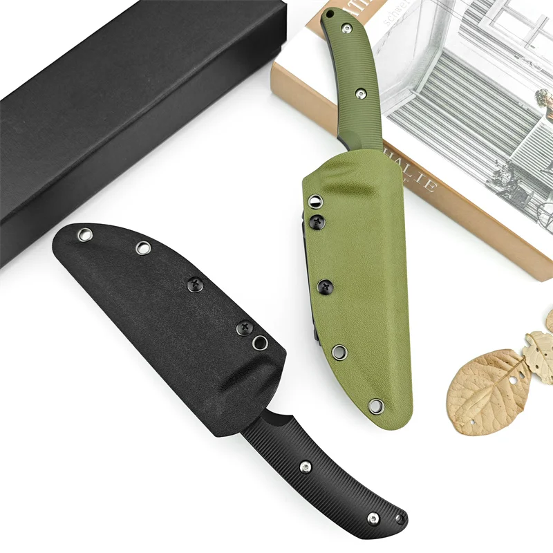 Outdoor straight knife, tactical hunting camping self-defense rescue multi-purpose EDC portable pocket knife G10 handle D2 blade