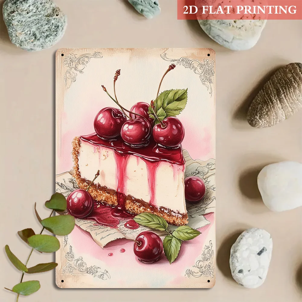 Letrero metálico vintage con diseño de tarta de queso de cereza, placa decorativa retro de 8x12 pulgadas para cocina, cafetería o comedor, arte de pared