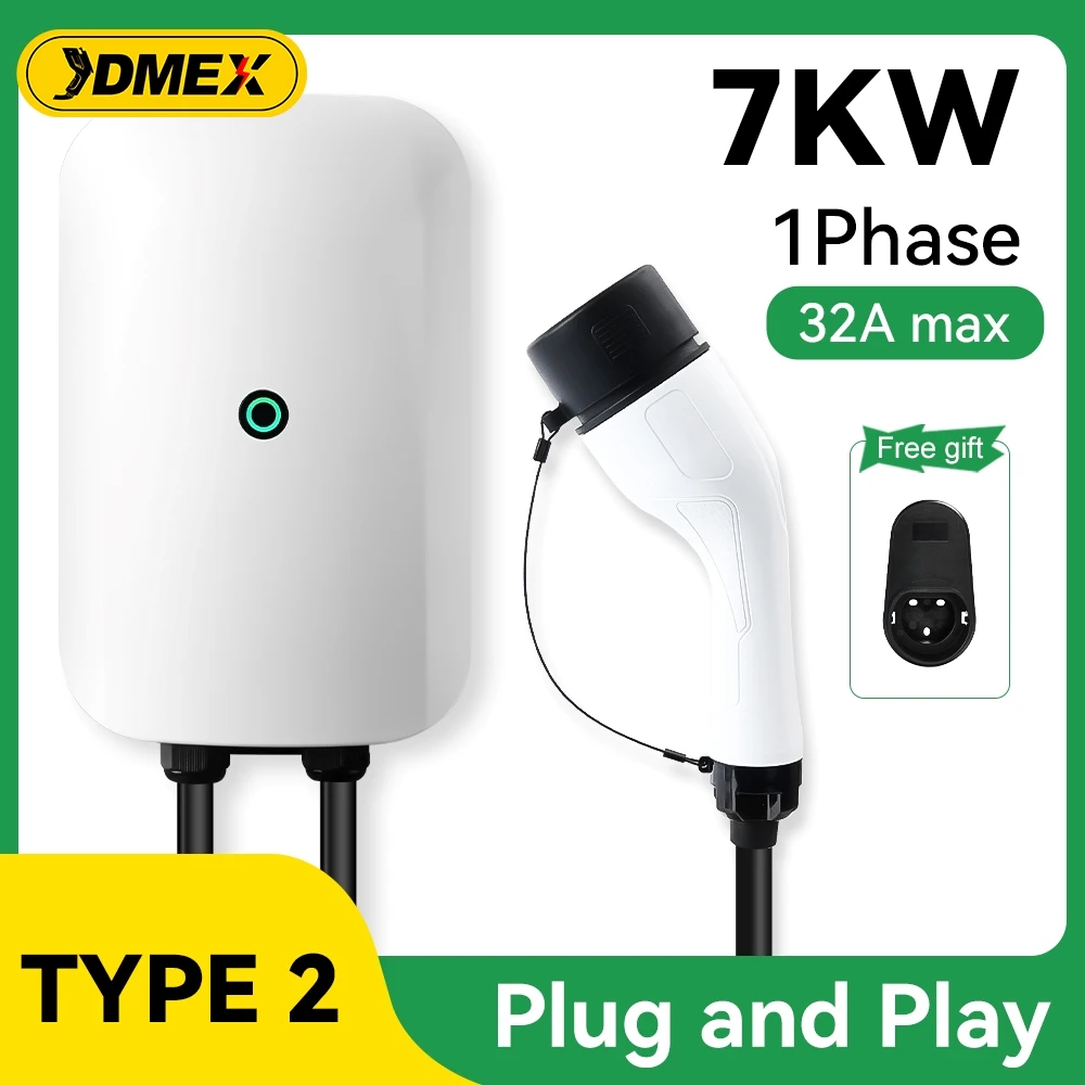 JDMEX EVSE Wallbox شاحن EV Type2 32A 7KW IEC62196-2 التوصيل والتشغيل محطة شحن السيارة الكهربائية شاحن سيارة بطول 5 متر