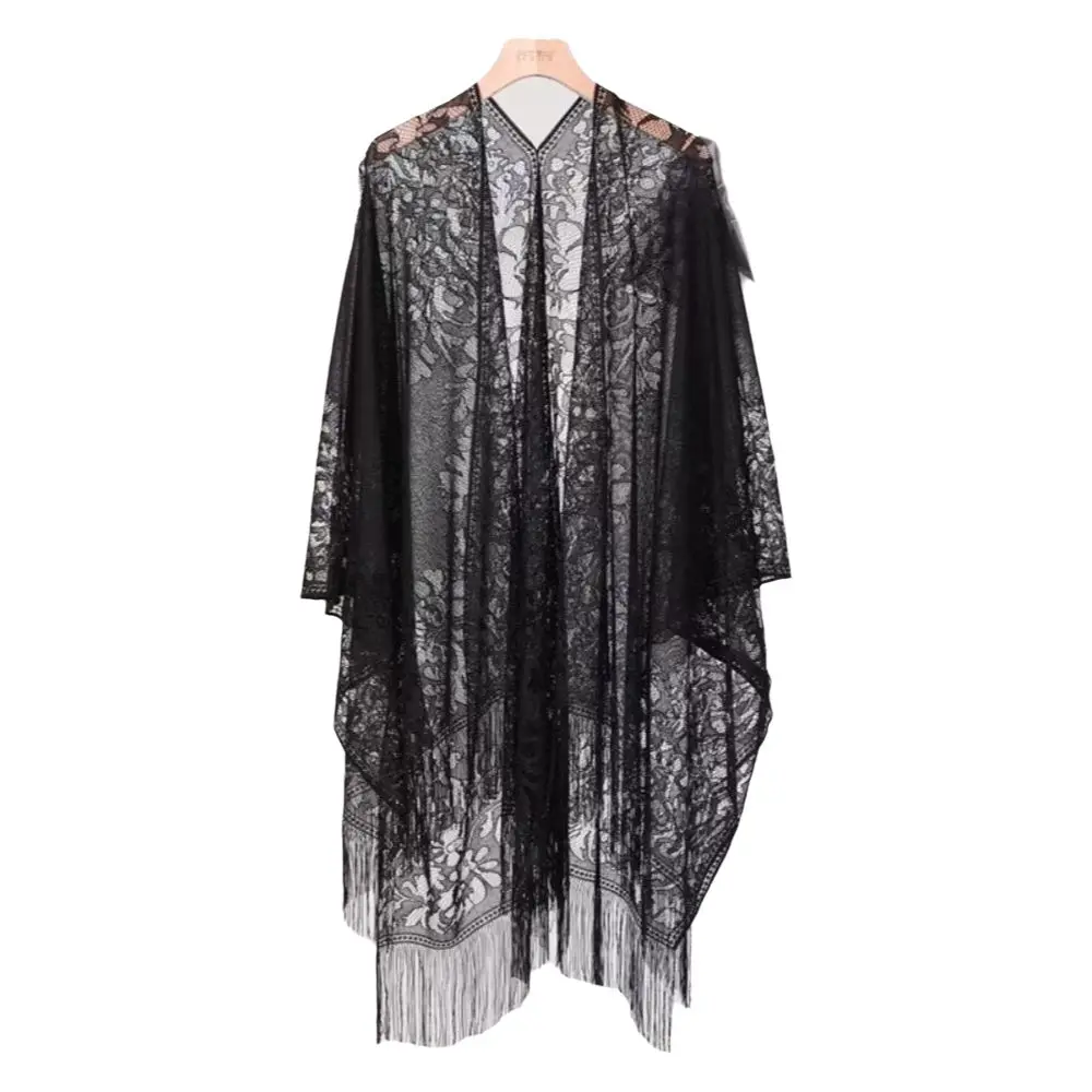 Floral Lace Beach Bikini Cover Up Tassel Fringe Loose Fit Kimono Wrap Hollow Floral Multi-Purpose Open Front Cardigan