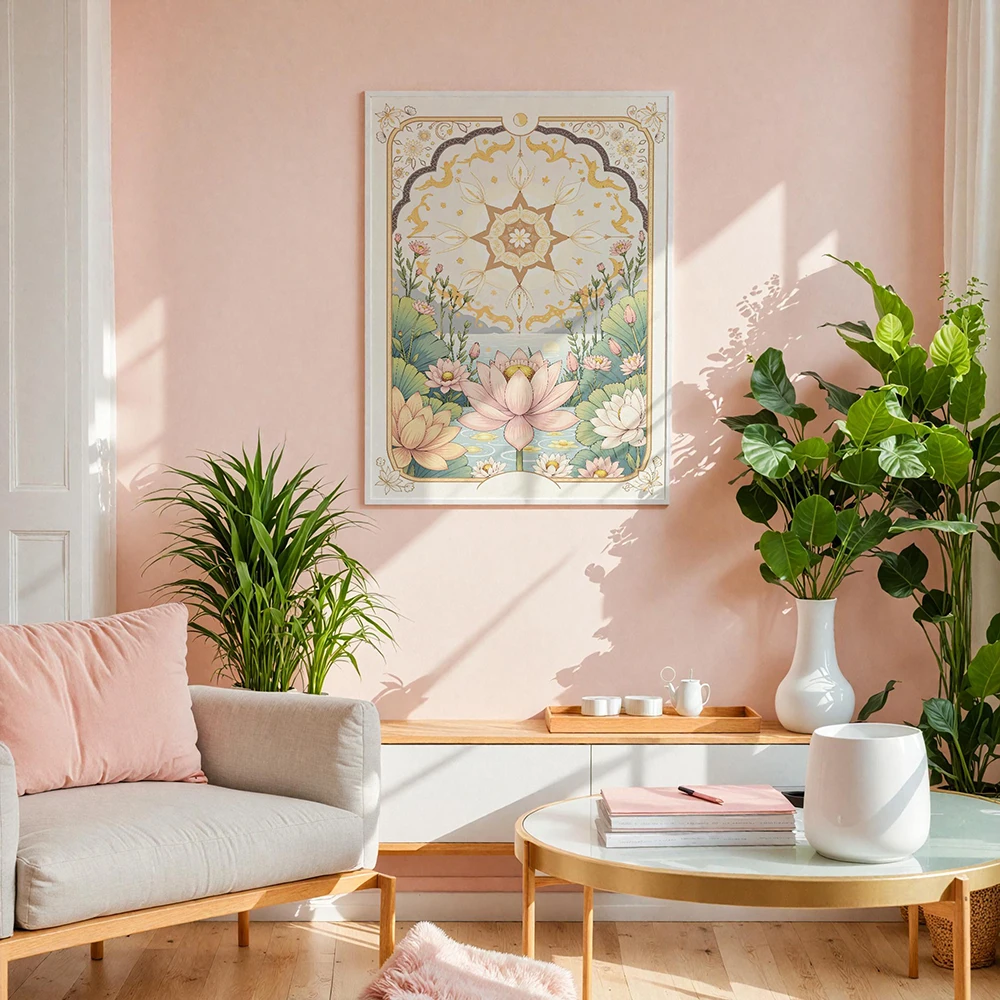 1PC frameless decorative art print,Boho Vintage Floral Star Tarot Card Art Prints Celestial Lotus and Sun Wall Canvas Painting F view 4