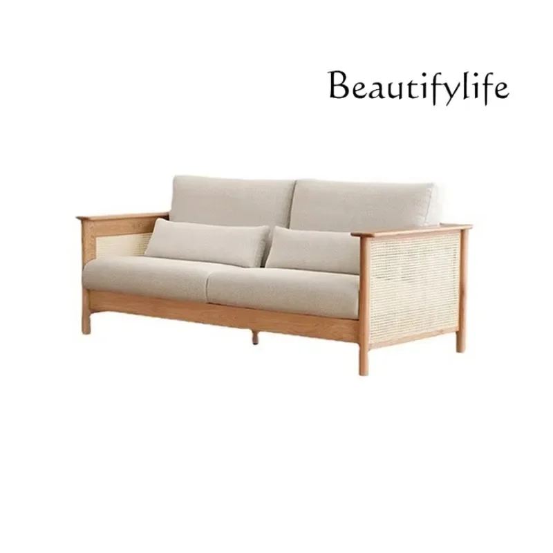 

LJYJapanese-style solid wood rattan French fabric sofa log ins style modern small apartment living room double triple