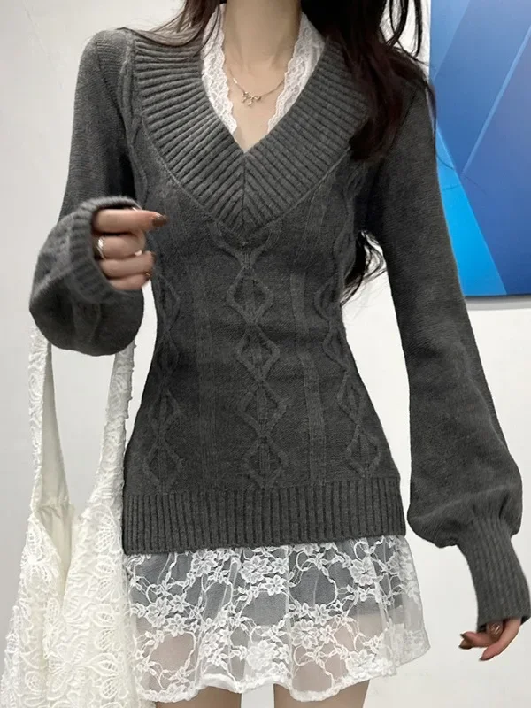 

Autumn Winter Women's New Sle Lace Splicing Soft Slimming Personali Overhead Sweater Retro Twist Long Sve Knitted Sweater