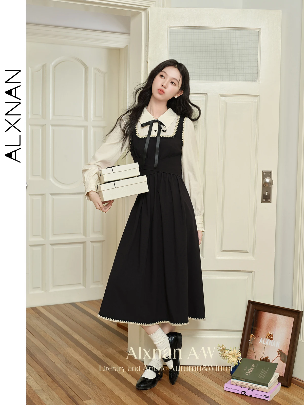 

ALXNAN Women's Preppy Fake 2 Piece Dresses Contrast Color Heart Button Lace-up Polo Collar Ruffled Cuff 2024 Fall Winter L39725