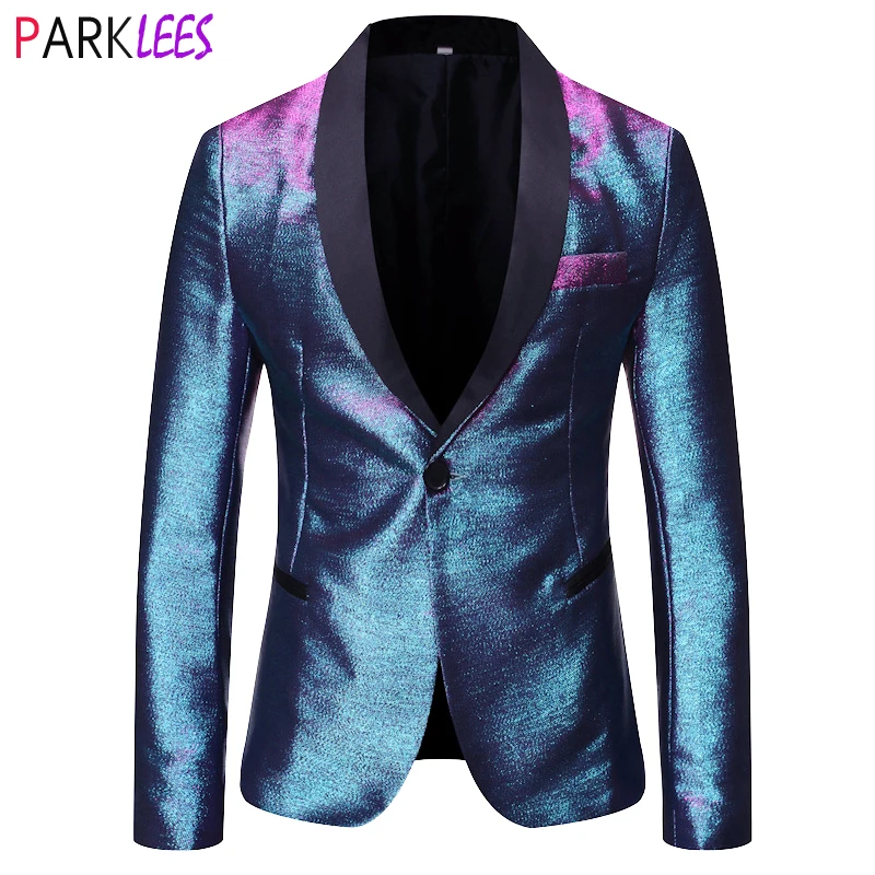 Heren Shiny Mode Gradiënt Jurk Blazer Een Knop Sjaal Revers Elegante Pak Jas Mannen Casual Party Prom Bruiloft Banket Smoking