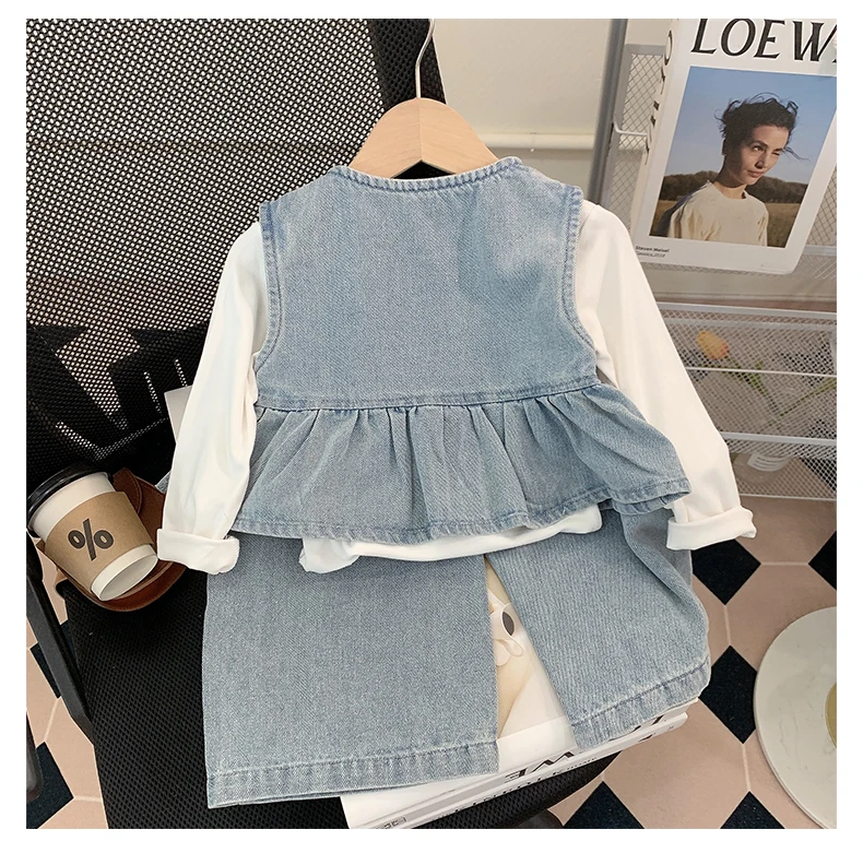 Spring fall children Girls' Cloth Outfits Sets T-shirt+Cowboy Vest+Jeans Suits for kids Girls' Clothes Baby Birthday Design Sets