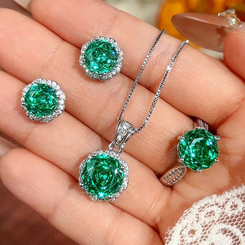 

New Style Set Jewelry Necklace Earrings Ring Millennium Para Green Stone Fashion Versatile Women's Wholesale