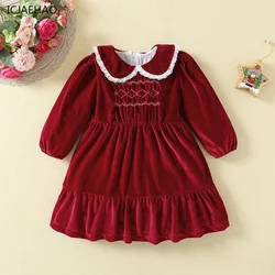 ICJAEHAO Baby Girls Long Sleeve Kids Red Velvet Dress Infant Toddler Cute Princess Outfit Children Autumn New Boutique Clothes