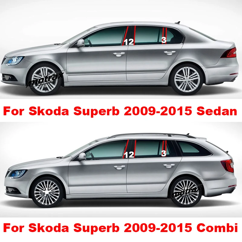 Auto Central Middle Column PC Window Trims Decoration B C Pillar Glossy Mirror Strip for Skoda Superb 2009-2015 Combi Sedan