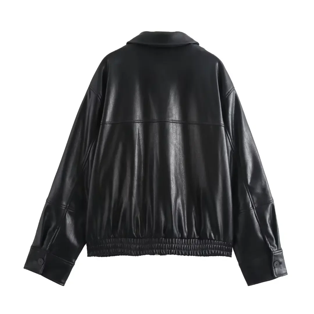 New Faux Leather Bomber Jackets Woman 2025 Black Pleated Jackets for Women Fall Zipper Women\'s Jacket Long Sleeve Jacket Women