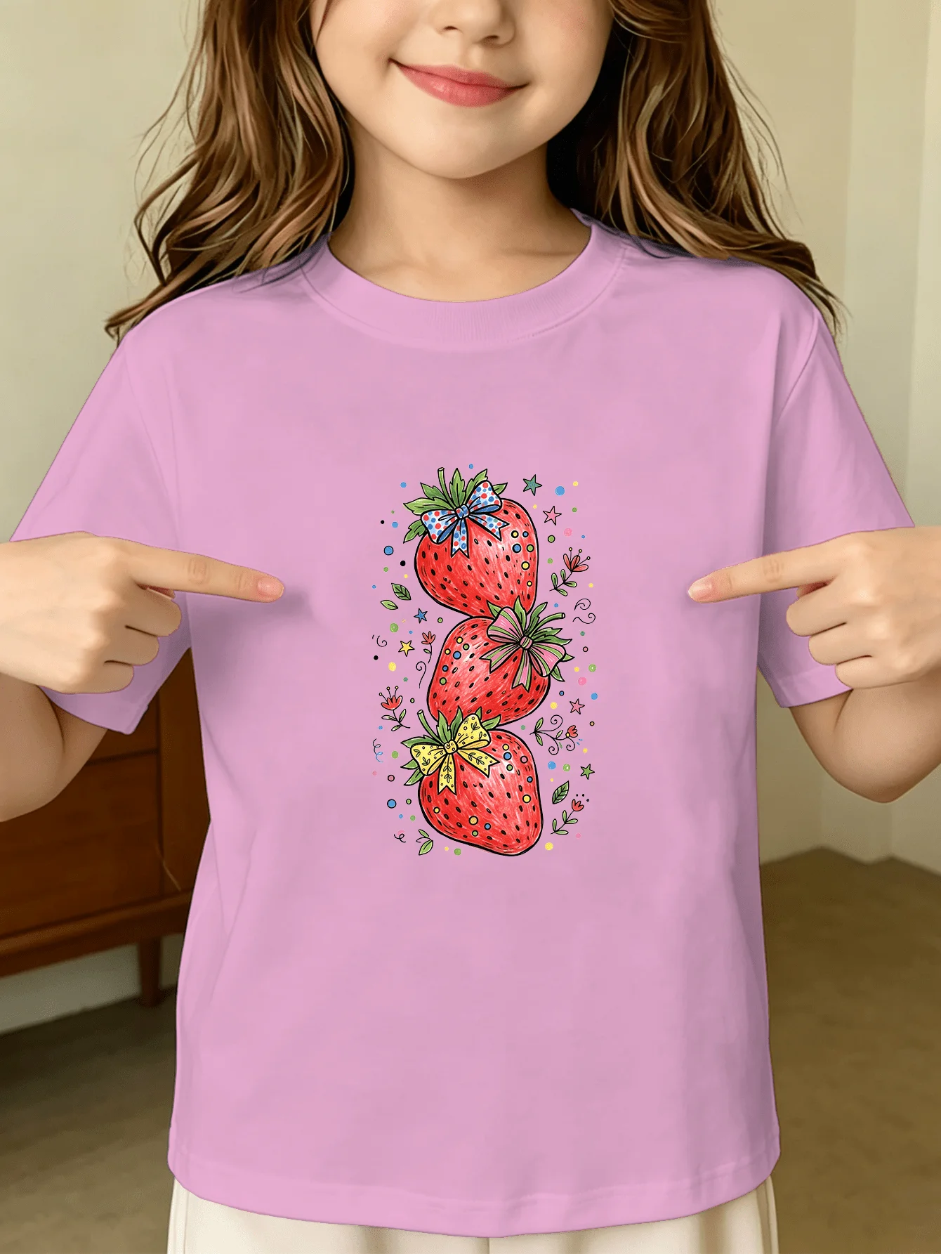 Cute Strawberry Kids Tee Fruit Bow Pattern Print Boys Girls Family Matching Cotton Summer Short Sleeve Basic Children Tshirt