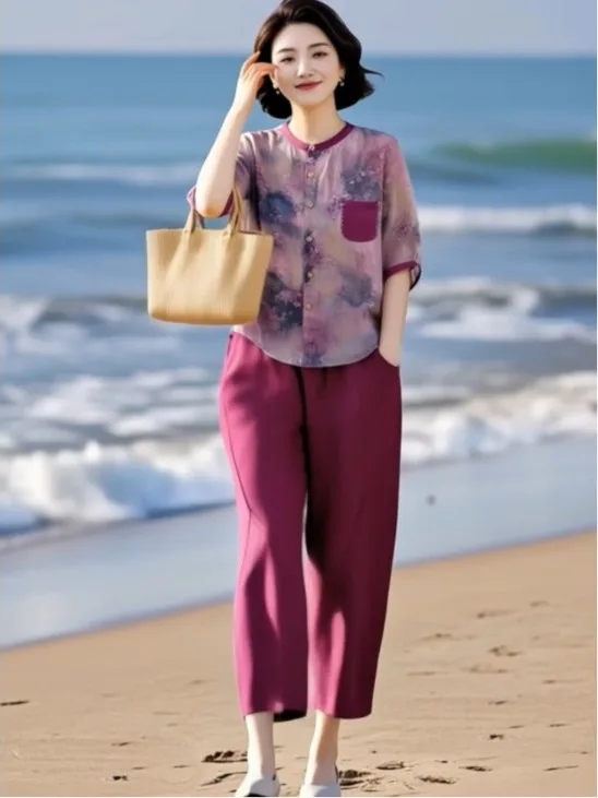 

Комплект брюк Ele из хлопка и льна Raspberry Red irt и Harlan, лето 2023, женский модный повседневный свободный крой, круглый комплект на пуговицах