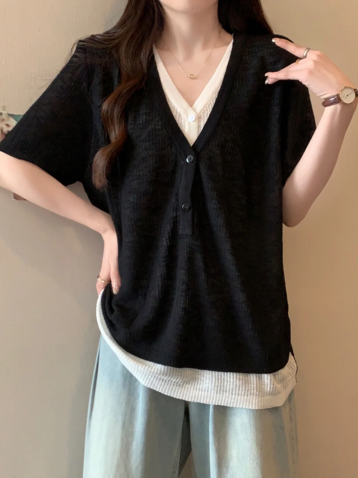 Loose V-Neck Short Sleeve Ice Silk T-Shirt Women's Summer plus Size Base Shirt Fat MM Belly Covering Fake Two-Piece Top