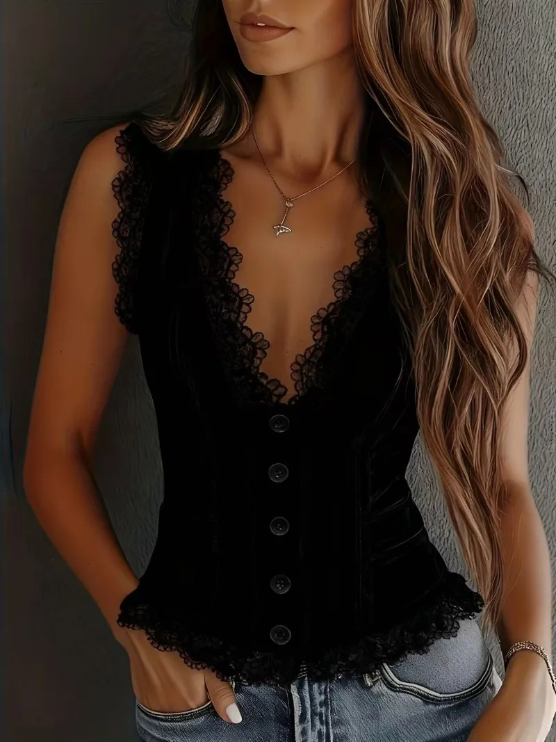 THRUM New Women Western Denim Vest V-neck Sleeveless Waistcoat Trendy European American Style Sexy Tank Top for Street DailyWear