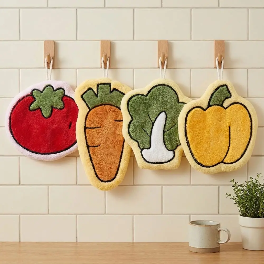 Creativity Vegetables Hand Towels Carrot Tomato Design Handkerchief Coral Fleece Absorbent Wall Hanging Rag Kitchen Bathroom
