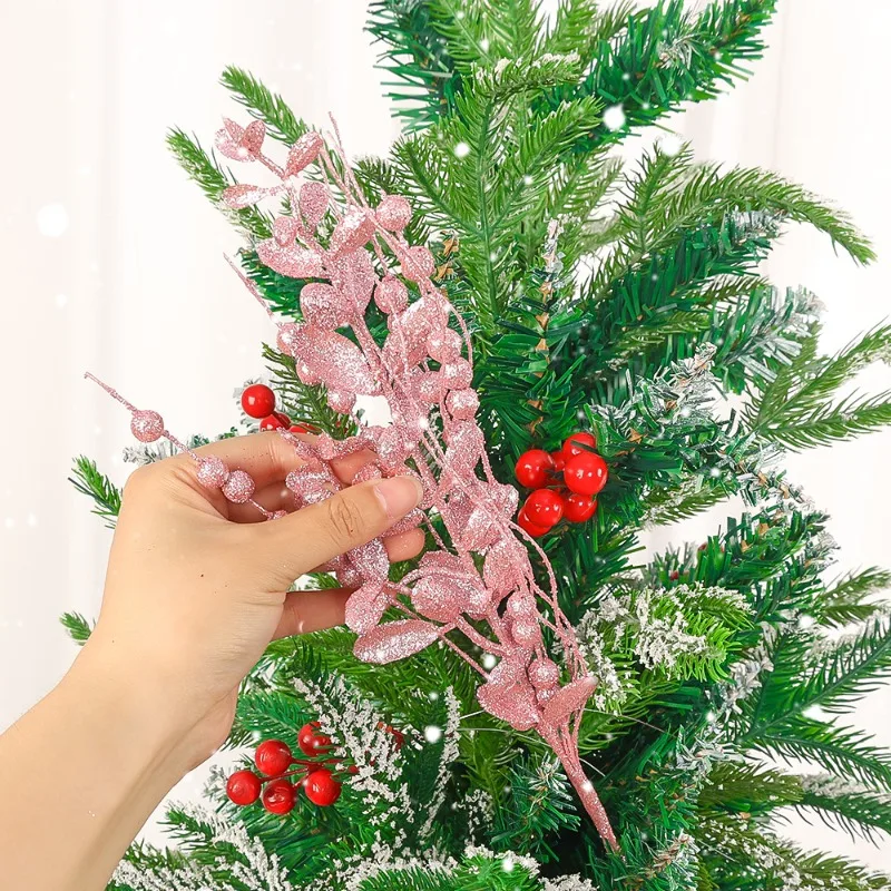 20/1pcs Artificial Berries Branch with Leaves Glitter Berry Bouquet DIY Wreath Ornament Xmas Tree Party Home Decor Fake Flowers