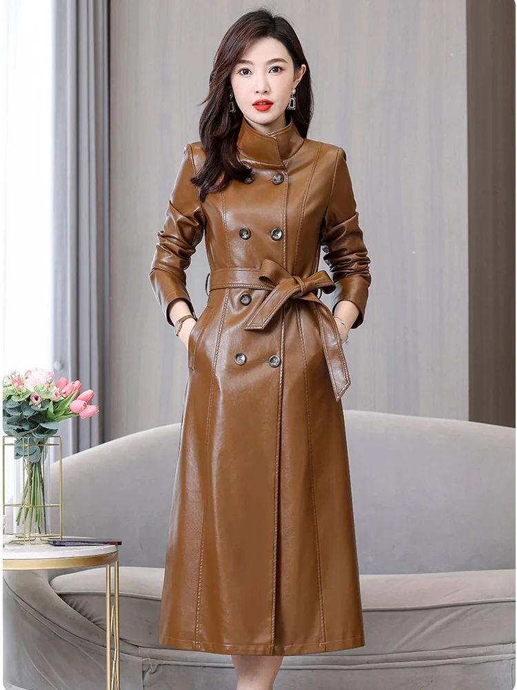 Neu Frauen Leder-Trenchcoat Herbst Winter Mode Stehkragen Zweireihig Slim-Schnürung Langer Ledermantel Spaltleder