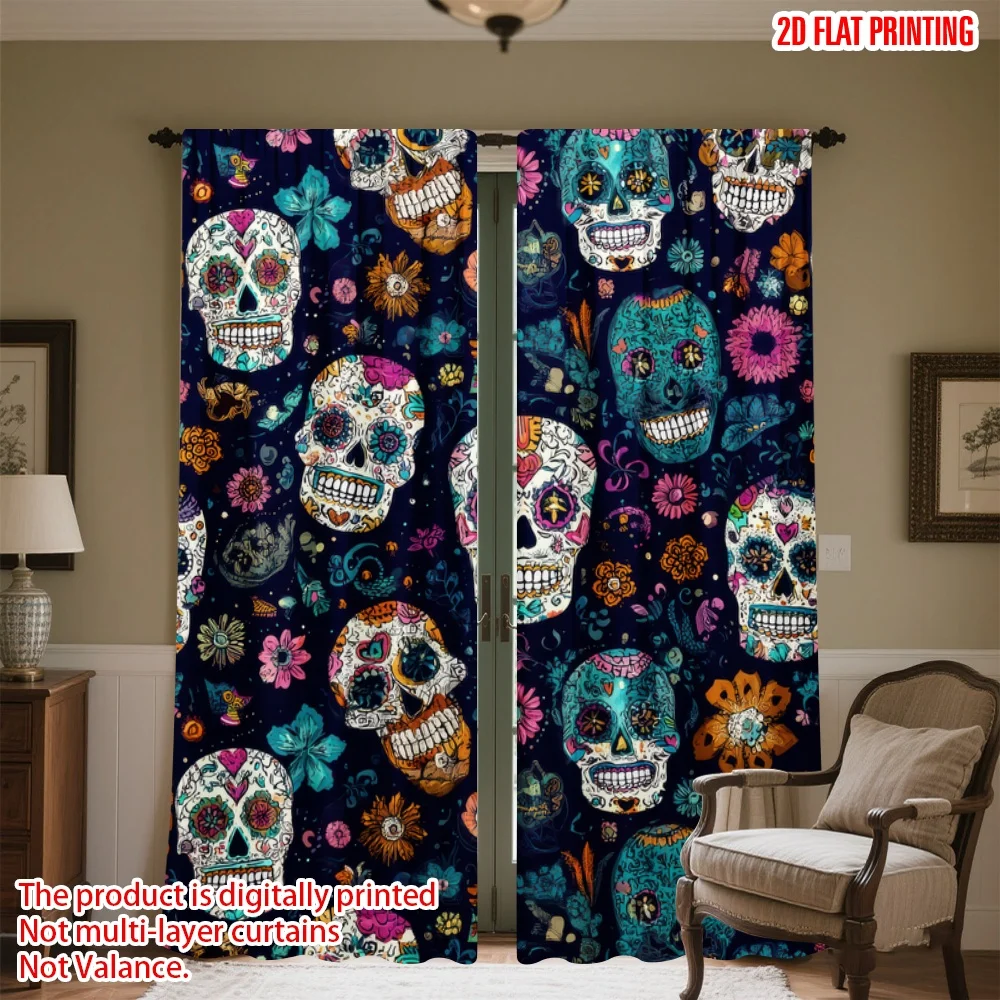 

2D flat printing 2pcs Party Curtains Day of the Dead Skulls(5) Digital Printed Polyester Drapes Family Party Decoration for