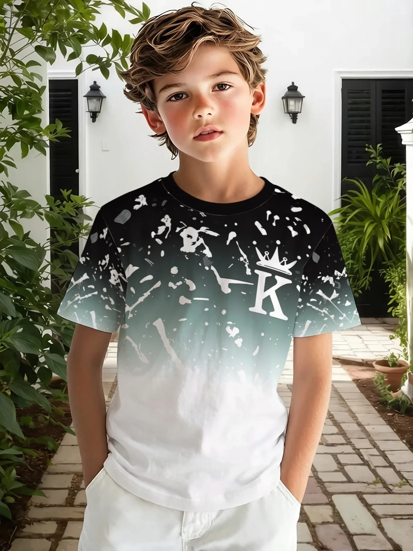 Boys K Crown Splatter Printed T‑Shirt, Children Modern Gradient Paint Splash Pattern Short‑Sleeve Casual Daily Tee