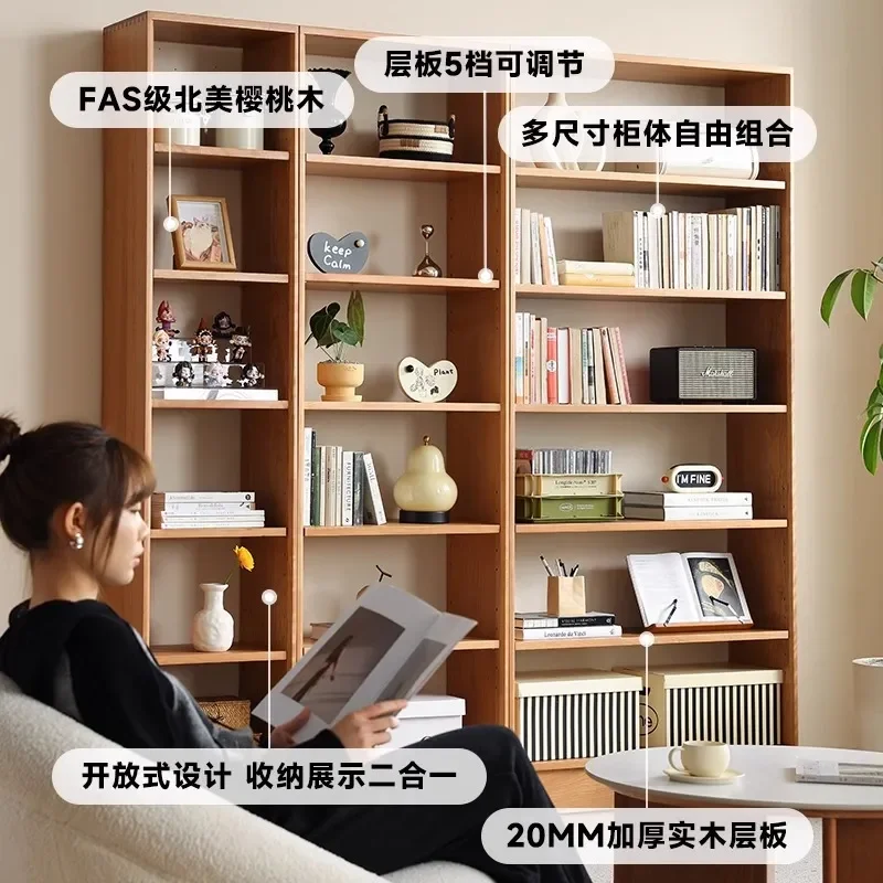 Nordic Solid Wood Floor to Ceiling Bookshelf Cherry Wood Whole Wall Bookcase Study Storage Display Rack