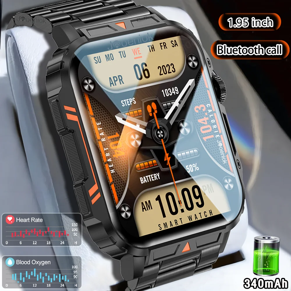 Montre intelligente de sports de plein air pour hommes, fréquence cardiaque, oxygène sanguin, étanche, appel BT, montre intelligente, Android, IOS, cadeau pour homme, 1.95 