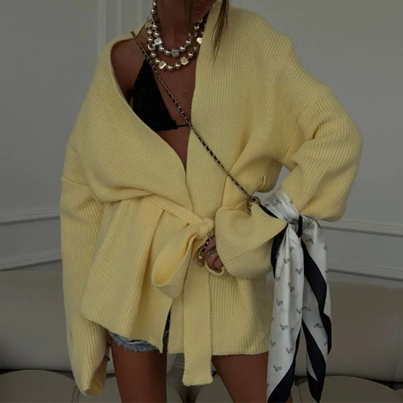 

Осенний элегантный свитер на шнуровке с v-образным вырезом, женский модный кардиган в рубчик, вязаный зимний повседневный однотонный свободный верхний пальто с длинными рукавами