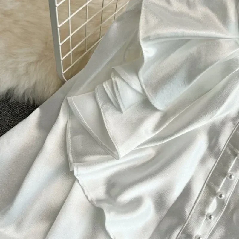 Blusas lisas Vintage para Mujer, elegantes blusas de satén de acetato con cuello levantado y manga acampanada, diseño nuevo y elegante con volantes sueltos para Mujer